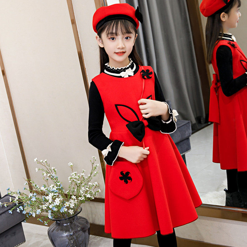 Girl Foreign Dress Autumn Winter Dress Foreign Pie 2021 New Children Sweater Suit Skirt Girl Gross Princess Skirt
