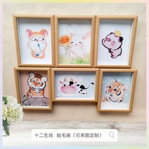 胎毛画牛虎鼠猪狗宝宝婴儿百天胎发纪念品胎毛画定制十二生肖diy