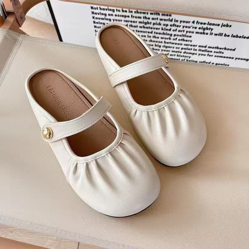 Four Seasons New French Mary Jane Pleated Women's Shoes Elegant Striped Shallow Design Non-Slip Support Half-Slip Lazy Shoes