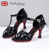 FB Латинские танцевальные туфли Женская черная красная красная -оттенка патентная кожаная атласная туфли для танцев средней высокой каблуки обувь черная пальма цвет