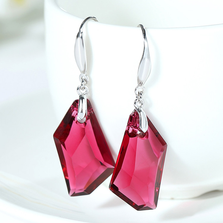 Wine red 925 sterling silver earrings Austrian crystal ear pin female shiny necklace pendant earrings Korea hypoallergenic
