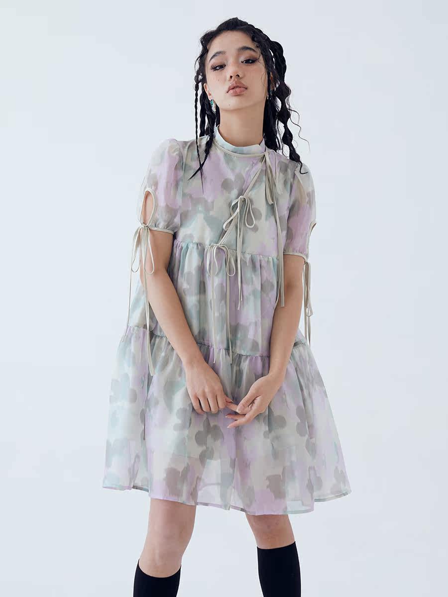 ECCE HOMO 22SS New Chinese style stand-up collar puff sleeve doll skirt slanted sweet lace bow gauze skirt