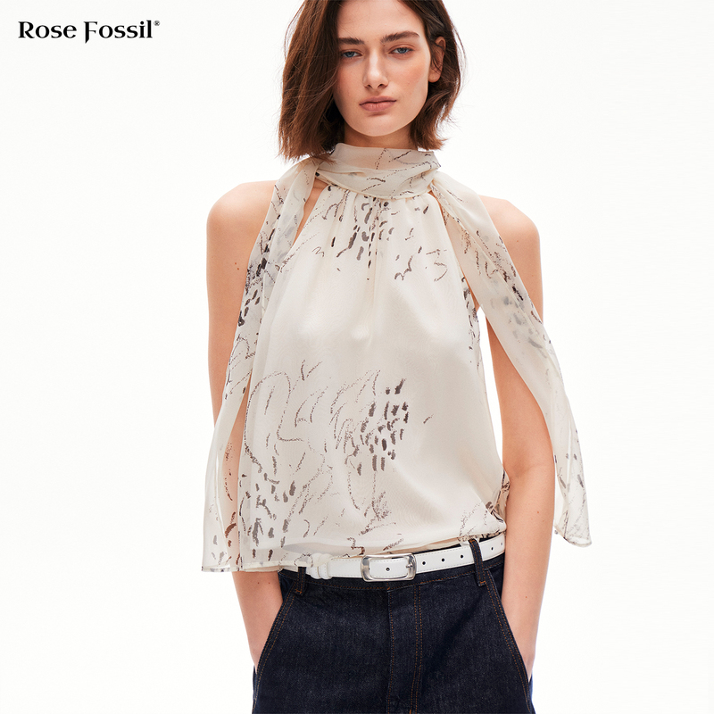 Rosefossil Hand-Painted Sheer Printed Summer Commuter Halter Top, Elegant and Stylish Lace-Up Sleeveless Vest