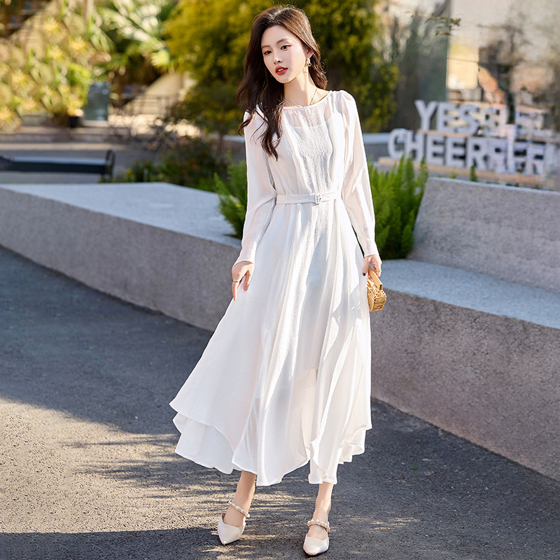 2025 New Summer Style Women's Long-Sleeved Dress with a Slip Dress Underneath, Two-Piece Set, Double-Layered Long Skirt with Belt Ny2575