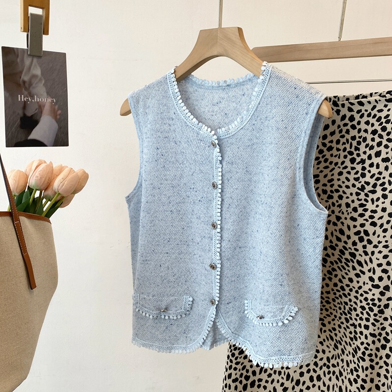 Summer Round-Neck Sleeveless Loose Thin Short Women's Vest Made of Washi Yarn and Linen Blend Knit Cardigan Jacket
