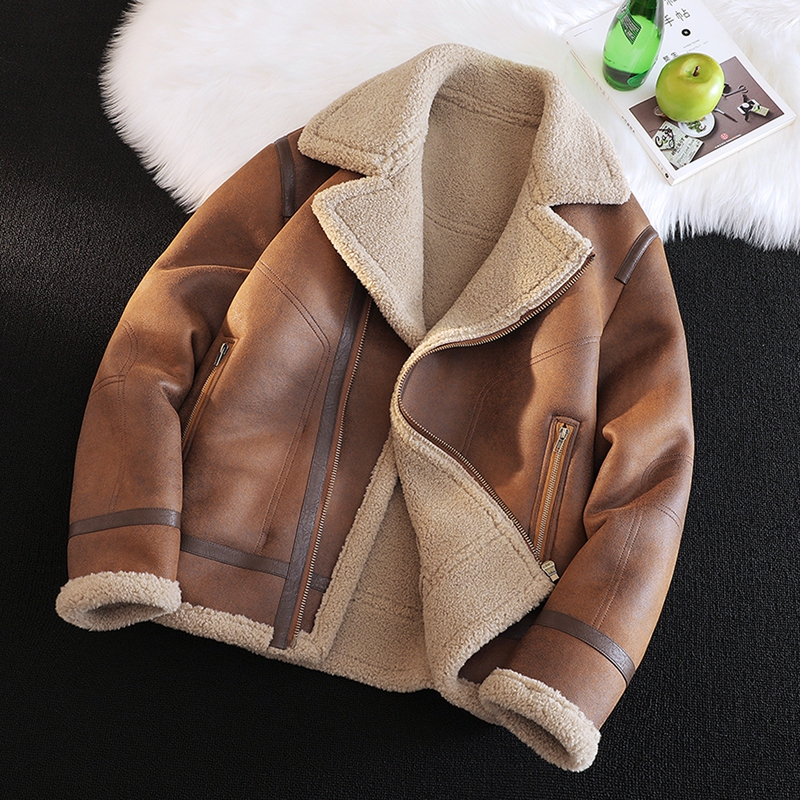 Men's Winter Large Size Fur-Lined Thick Leather Jacket Short Biker Jacket Men's Lamb Wool Coat
