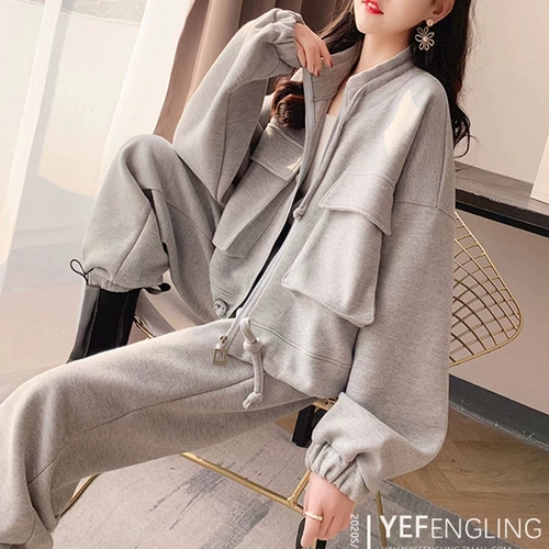 Куртка с молнией, комплект, лонгслив, комбинезон, тонкие штаны для отдыха