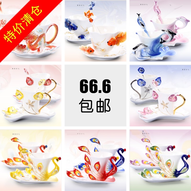 High-grade gold edge enamel porcelain coffee cup saucer set ceramic peacock goldfish dolphin tea cup water cup with spoon
