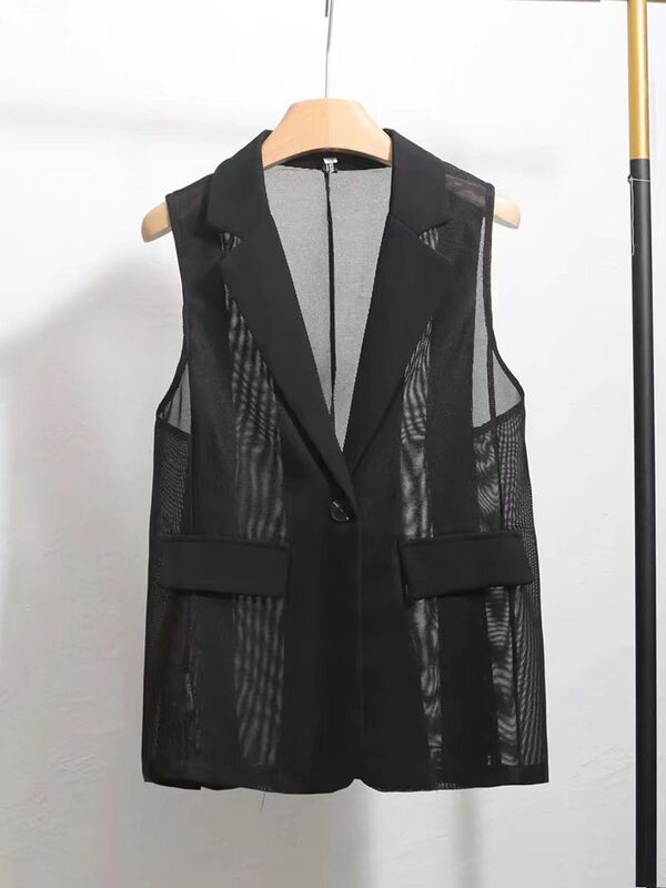 Mesh Vest Jacket for Women 2025 Summer New Slim Fit Thin Vest Outerwear Mid-Length Sleeveless Top