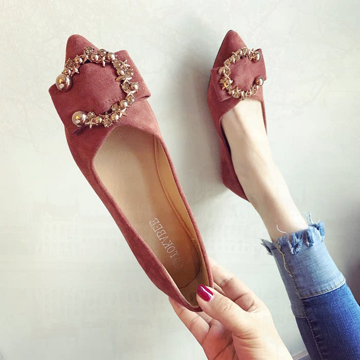 Hong Kong 2022 autumn new women's shoes leather large size metal buckle flat heel flat shoes women's pointed toe shallow mouth