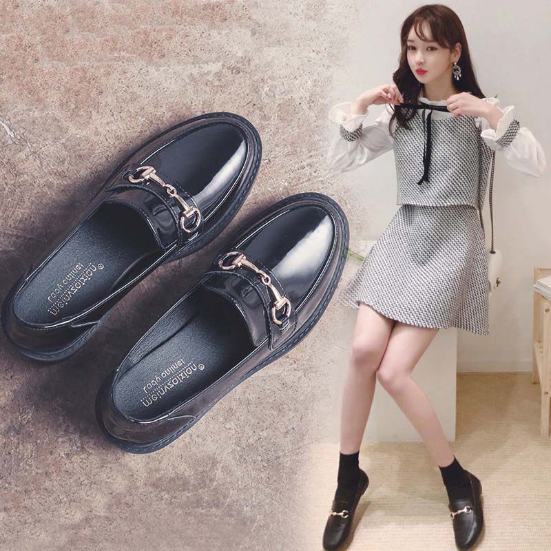 Lefoe shoes Women Inn Wind Small leather shoes Korean version 2022 Fall new 100 lapped thick bottom soft leather coarse heel single shoe damp