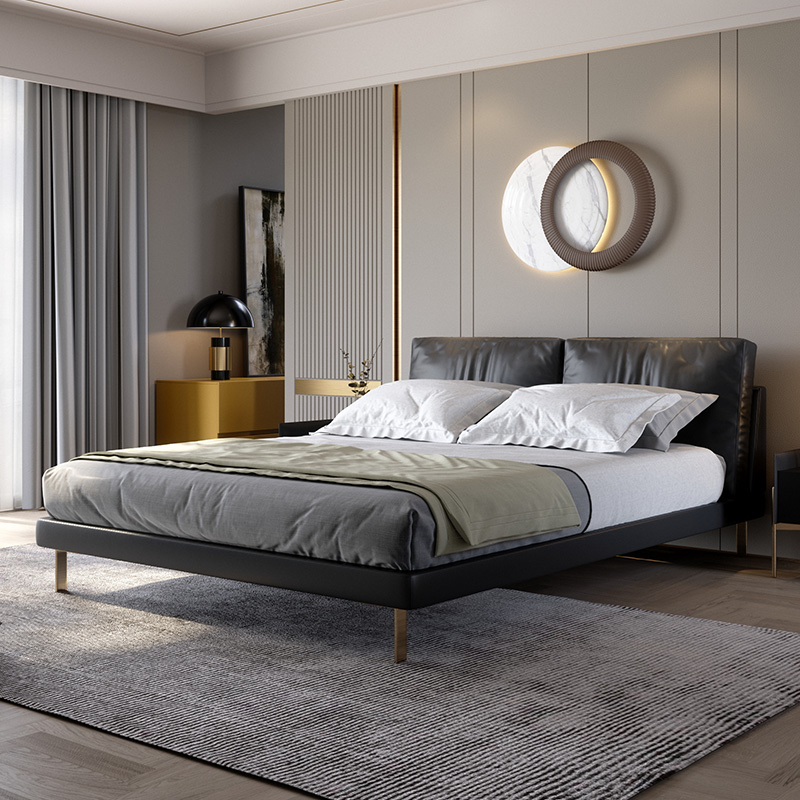 Italian-style light luxury minimalist leather bed Nordic modern minimalist style master bedroom head-layer leather double wedding bed