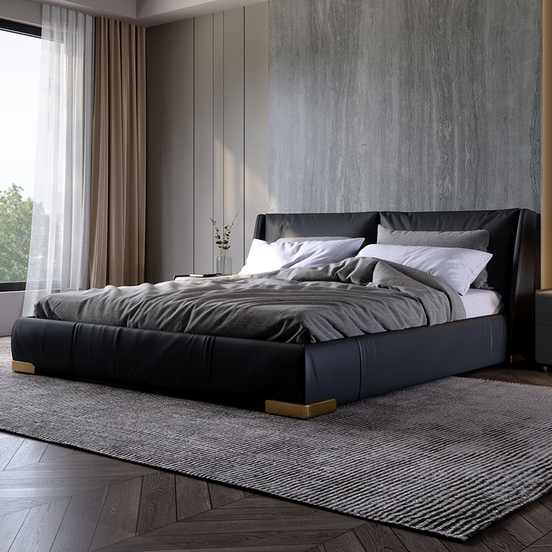 Italian style light luxury real leather bed modern minimalist Nordic wind double wedding bed size family type tatami bedroom furniture