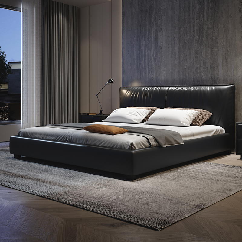 Nordic minimalist genuine leather bed minimalist modern master bedroom with double bed black leather art Soft headbed Bull Leather Light Lavish Wedding Bed