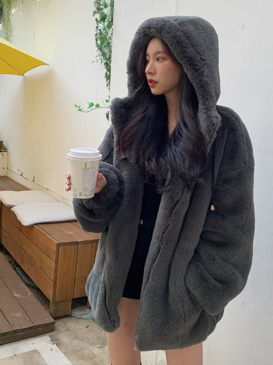 Winter New Korean Rabbit Fur Coat Women's Loose Lamb Wool Hooded