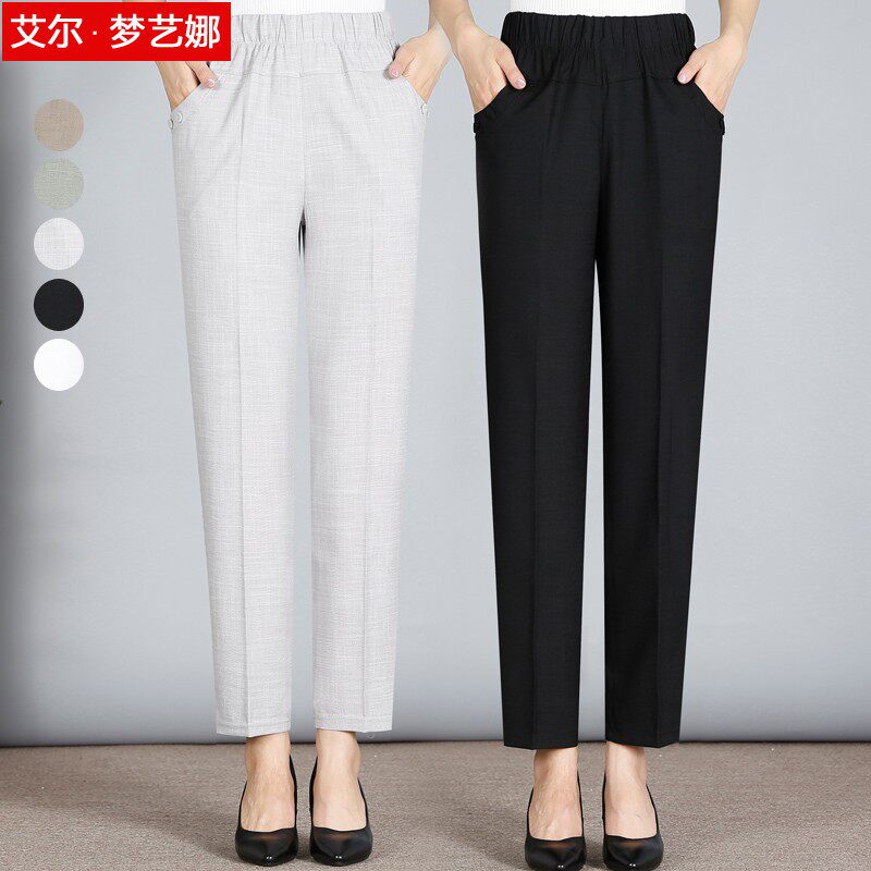 Mom Pants Summer Thin linen Middle aged girl pants High waist cotton linen Summer 90% Pants Seniors Large Size Pants