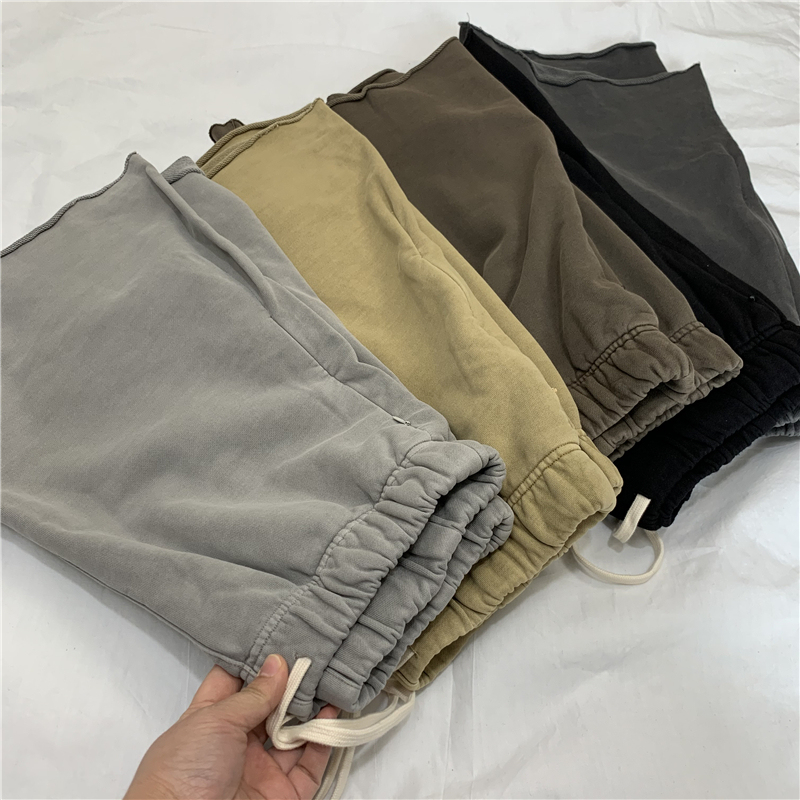 Summer High Street 100% Cotton Terry Washed Vintage Shorts Unisex Loose Wide-Leg Five-Point Pants Raw Hem Sweatpants