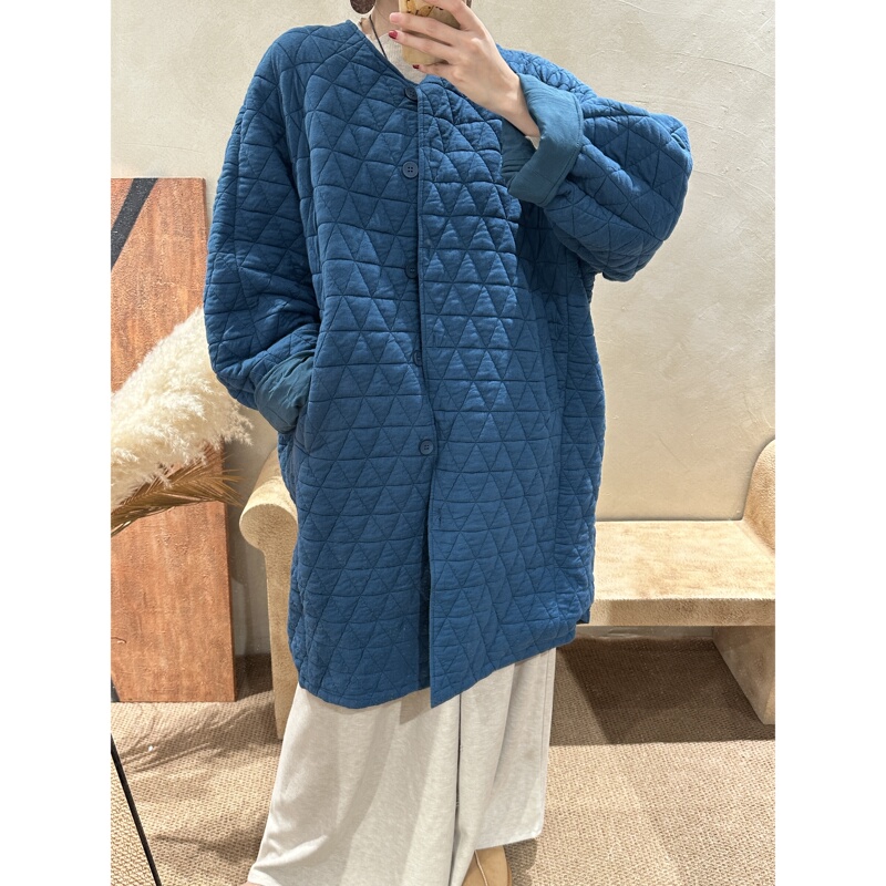 Luo Mo Li 【Vintage Diamond Pattern】Padded Thickened Trench Coat, Warm Mid-Length Cotton Jacket