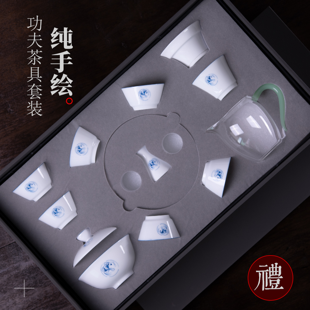 White porcelain kung fu tea set of small household jingdezhen hand - made ceramic cups tureen outfit household contracted