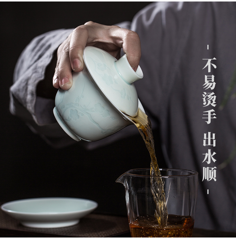 Three only shadow left up green tureen tea bowl large kung fu tea tea cup of jingdezhen ceramic manual its