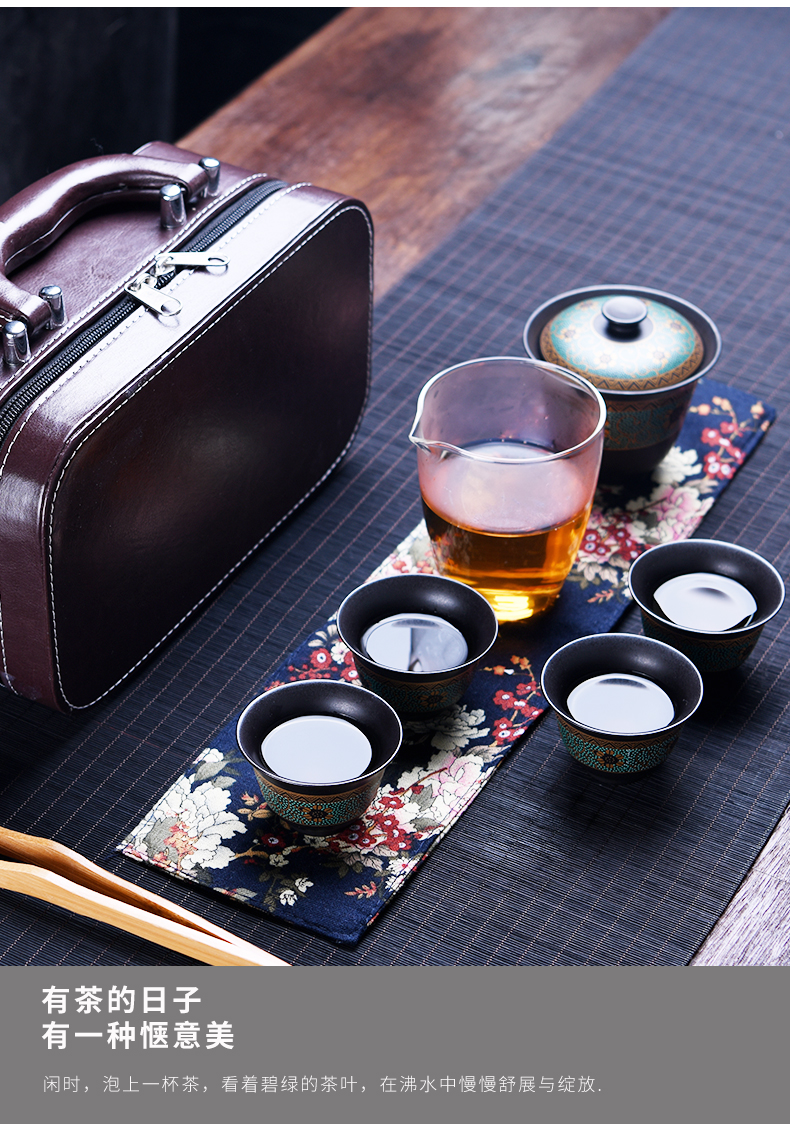 Black pottery travel tea set suit portable package kung fu tea set 4 Japanese contracted mini tea bags small set