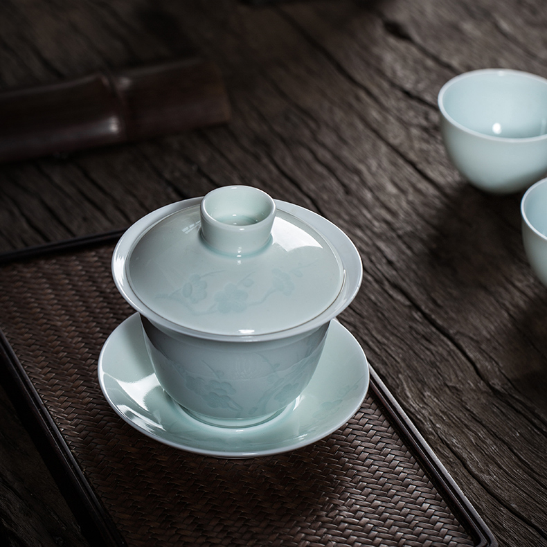 Three only shadow left up green tureen tea bowl large kung fu tea tea cup of jingdezhen ceramic manual its