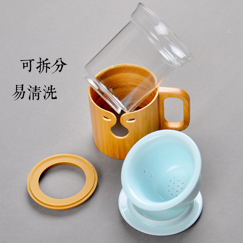 Public remit glass filter office bamboo ceramic tea cup with handle with cover health tea separation