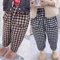 Childrens pants 2021 new foreign style boys autumn and winter wear thin velvet girls winter baby plaid plus velvet pants