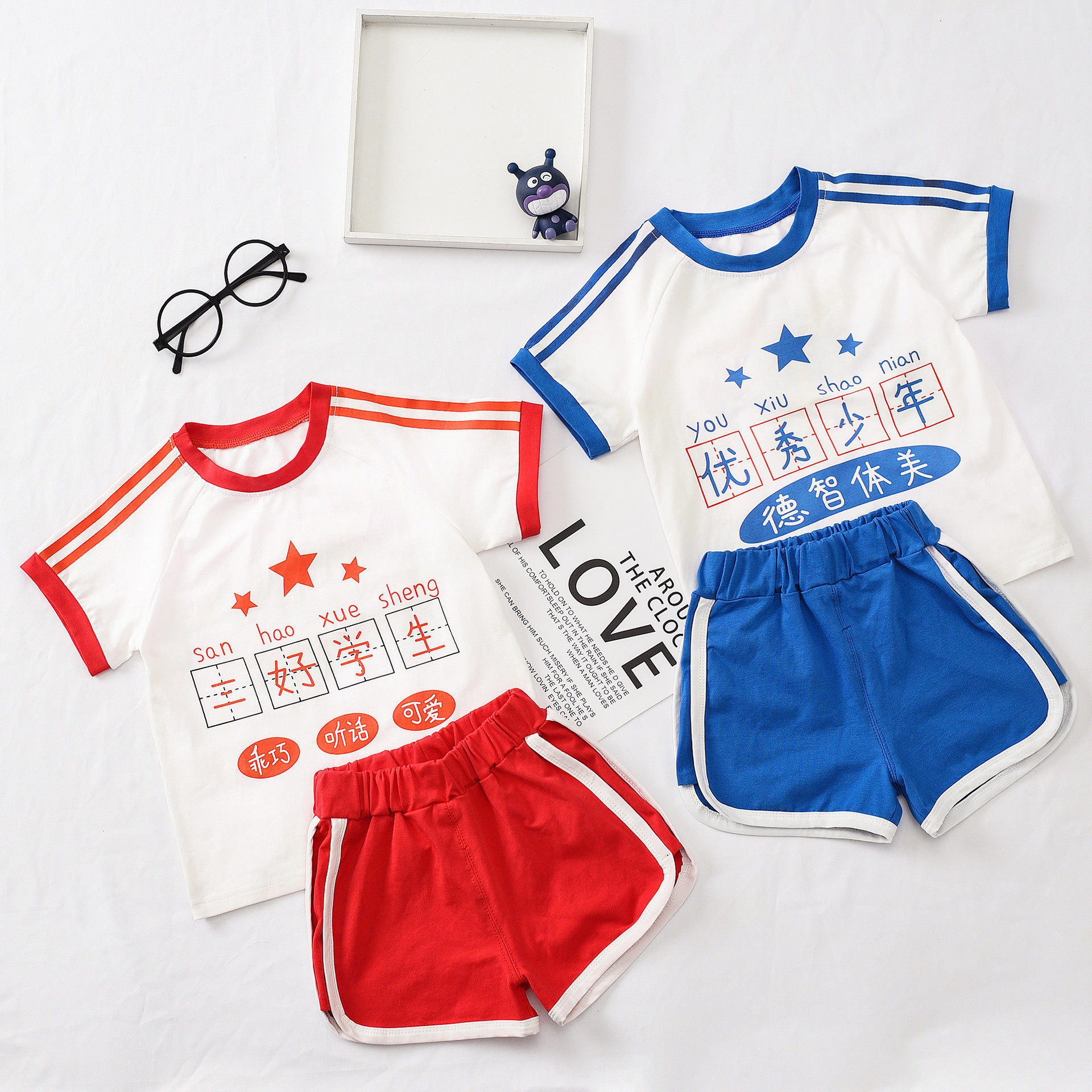 Children's short-sleeved suit male baby summer Tsinghua Peking University kindergarten clothing girl school tyrant brother and sister clothing college trend