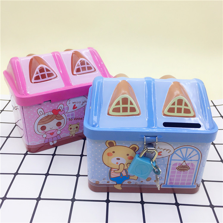 Student storage tank cartoon piggy bank with key lock creative children tinplate green pen holder holiday gift