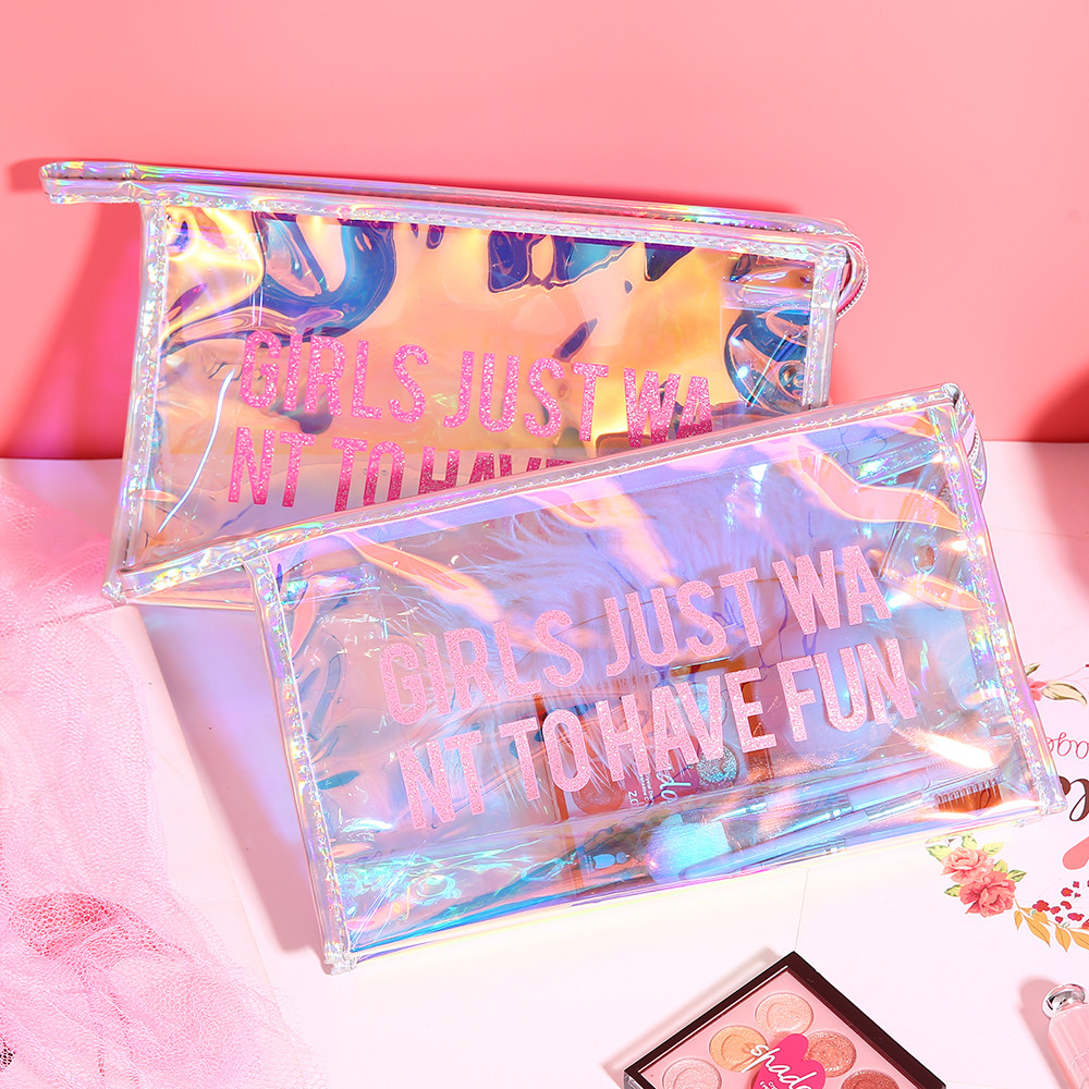 In teenage girls transparent makeup bag Han edition of simple PVC laser jelly package female pen bag to collect wash bag girl