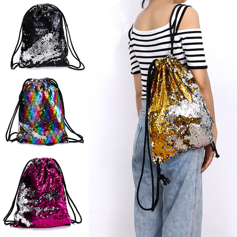 New student beam mouth backpack mermaid flip sequins drawstring beam mouth bag student sequin schoolbag backpack