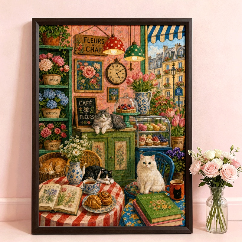 1000-Piece Adult Puzzle with Blue Card Frame, Decorative Painting of Scenery, Stress-Relief and Healing Series, Flower House, Cat Cafe 1000-Piece Adult Puzzle with Blue Card Frame, Decorative Painting of Scenery, Stress-Relief and Healing Series, Flower House, Cat Cafe