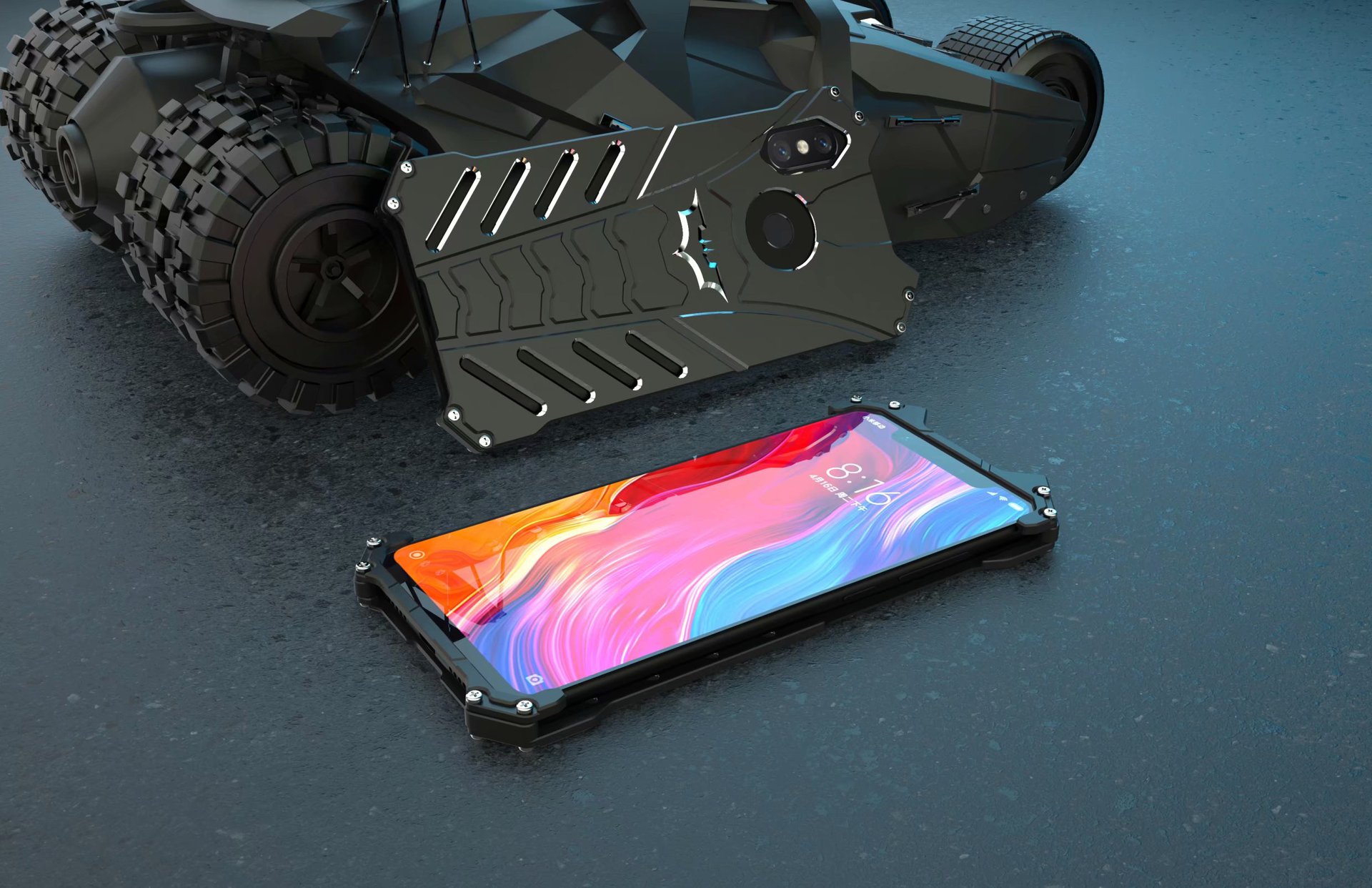 R-Just Batman Shockproof Aluminum Shell Metal Case with Custom Batarang Stent for Xiaomi Mi 8 Explorer / Xiaomi Mi 8 / Xiaomi Mi 8 SE