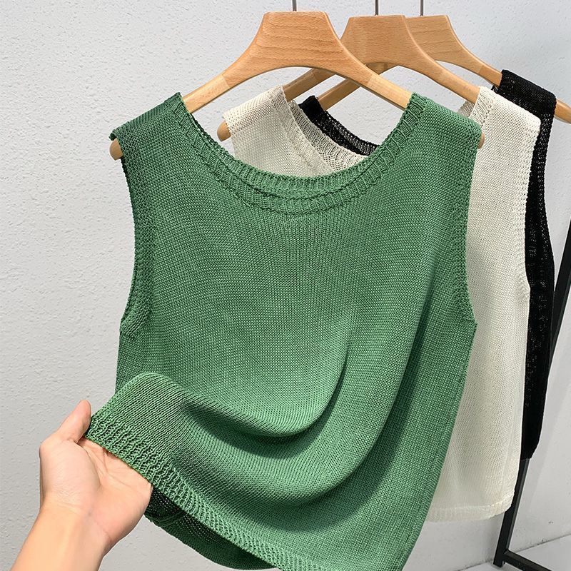 Linen Sleeveless Knitted Vest for Women's Outer Wear Summer 2025 New Loose Thin Round Neck with Wide Shoulder Strap Top