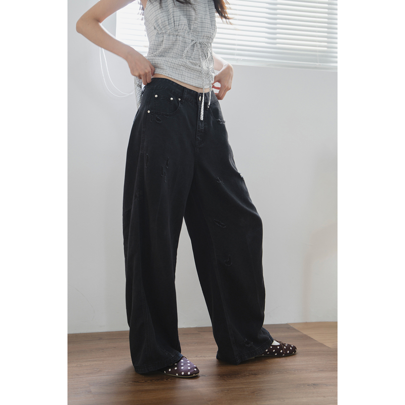 Jeans That Can Be Worn in Summer, Soft and Lightweight, Breathable, Cover the Hips and Show Off Straight Legs, Washed Black-Gray Straight-Leg Pants for Women in Summer