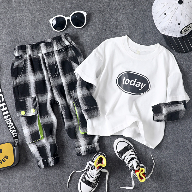 Autumn Clothing New Children Casual Suit Boy Girl Baby Letters Long Sleeve T-shirt Plus Plaid Pants Two Sets