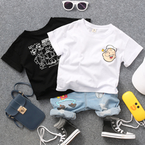 Summer childrens cartoon Popeye printed short-sleeved T-shirt boys and girls baby black and white 2-color half-sleeved T-shirt
