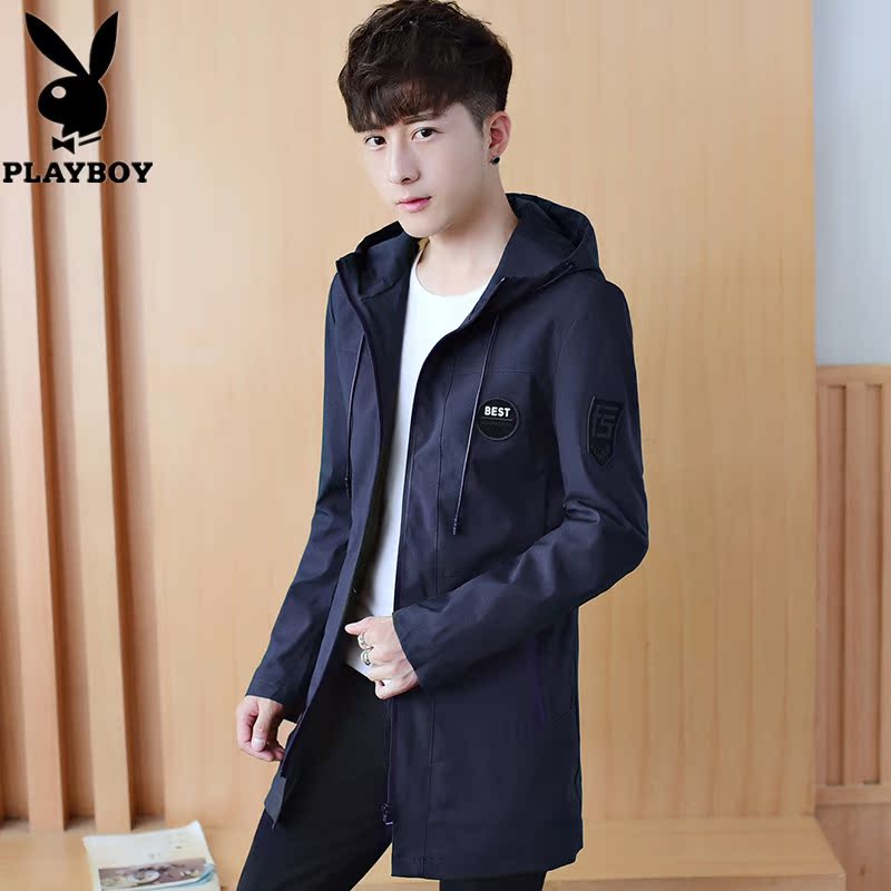 Playboy mùa xuân và mùa thu của New Men Hood Edion nam Thin Hàn Quốc phiên bản Trim Siennized dài Coat Tide