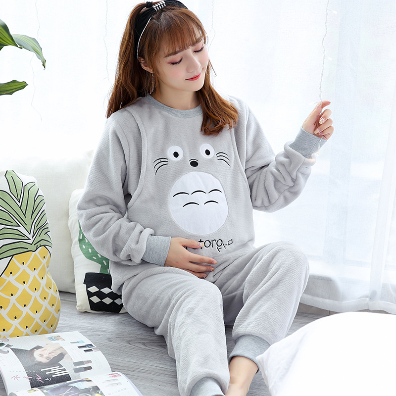 Maternity Pajamas for Women in Autumn and Winter, Large Belly Coral Fleece Nursing Pajamas, Winter Postpartum Clothing, Thickened and Fleece-Lined for Winter