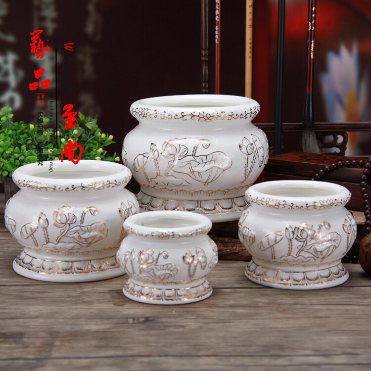 Household white jade depicting gold relief lotus round mouth incense burner ceramic offering fruit plate for Buddha water supply cup indoors