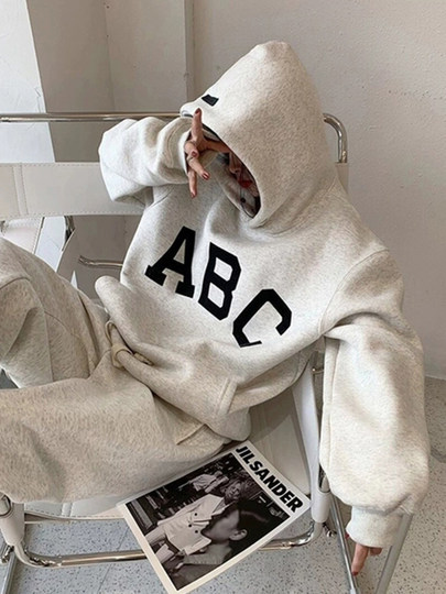Fog Hooded Sweatshirt for Women, Spring Style, Flocked Letter Print Abc, American High Street Fashion Brand, Loose Fit, Couple's Thick Hoodie