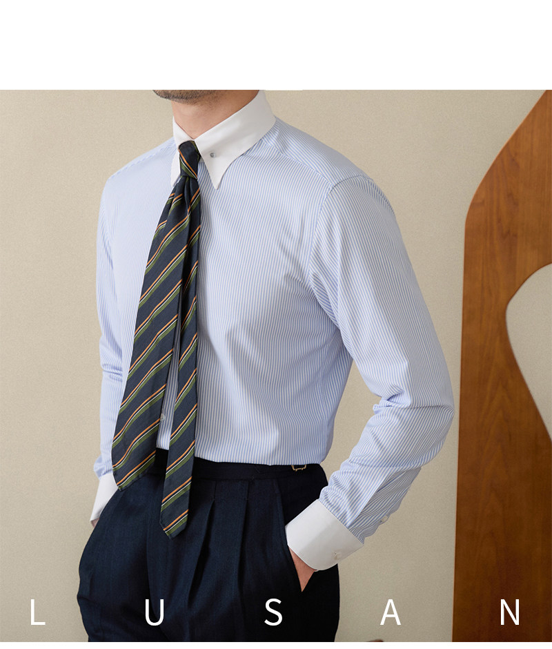Italienisches Business-Hemd mit farblich passendem Pinhole-Kragen, bügelfrei, gestreift, langärmelig, britisches Slim-Fit-Pendlerhemd für Herren – Detail 37