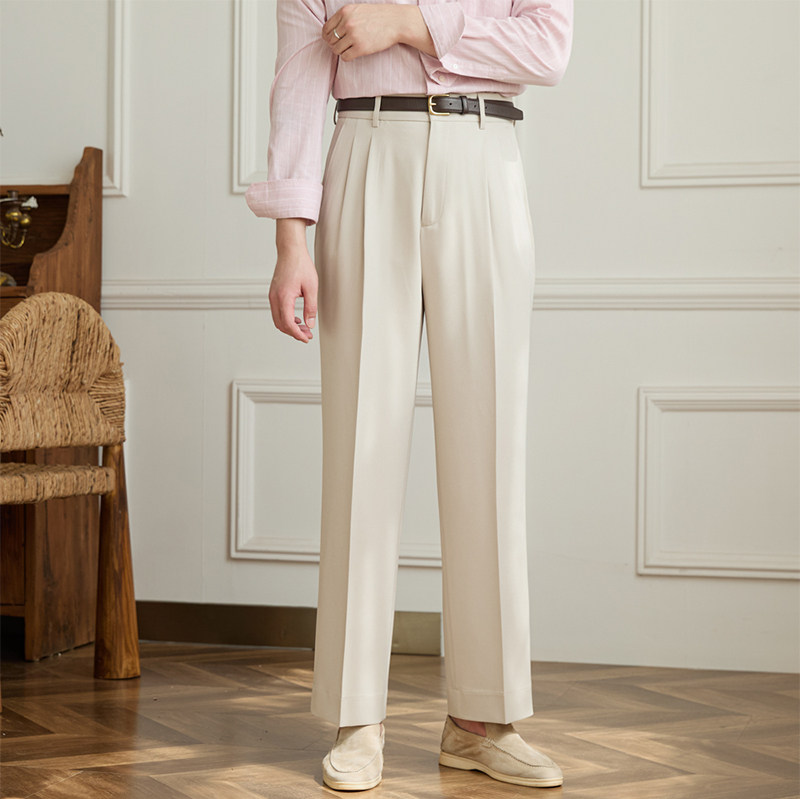 Vintage doppelt plissierte breite Bein nicht bügeln drapierte Freizeit hose Business Pendler atmungsaktive hohe Taille trend ige Herren hose – Detail 1