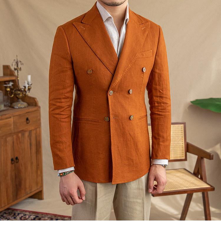 100% Linen Mens Peak Lapel Blazer Coat Double Breasted Suit Jacket