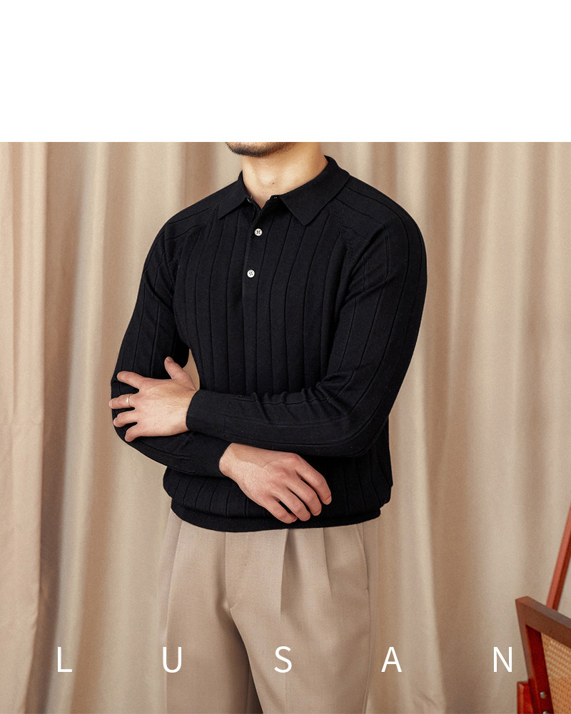 Herbst und Winter Britischer Slim-Fit-Revers-Langarm-POLO-Pullover aus dünner Wolle mit Maulbeerseide für Herren – Detail 26
