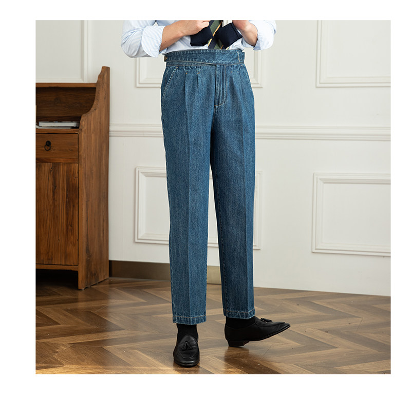 Italian Men's Denim GURKHA Pants Casual High Waist Straight