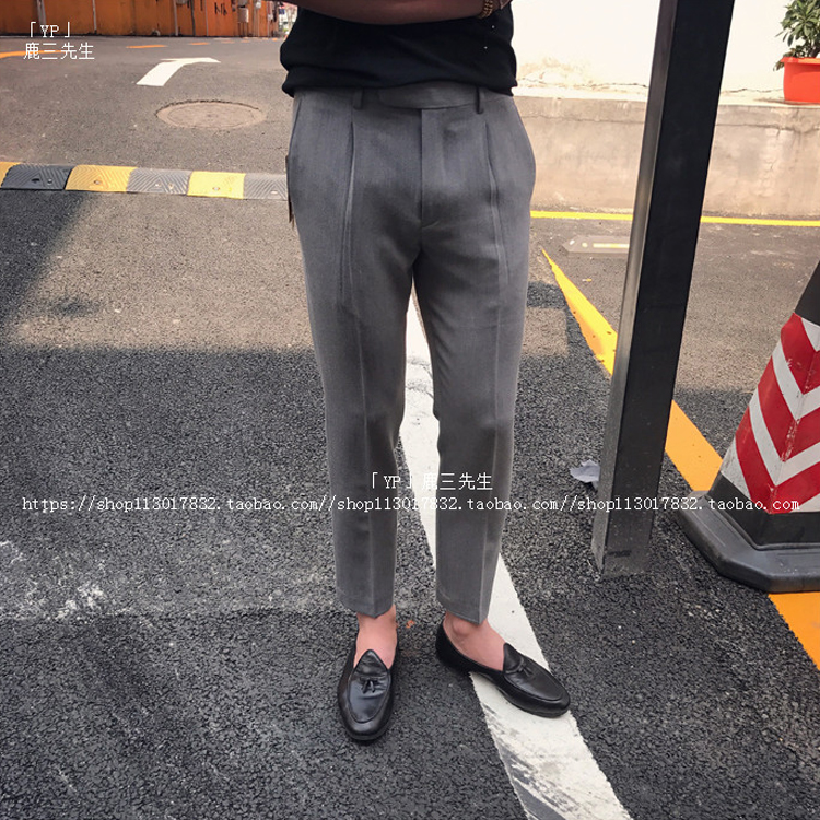 鹿三推荐 垂坠感九分裤男英伦休闲青年西裤韩版修身小脚夏季9分裤