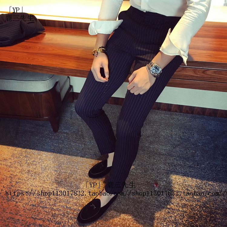 Quần lọt khe nam liền quần công sở giản dị mùa thu Bộ đồ Hàn Quốc phù hợp với quần quần sọc Anh quần âu