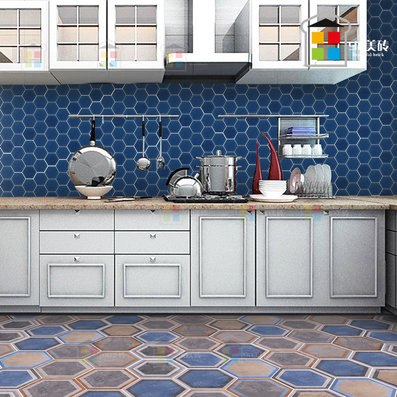 Mediterranean blue-green glazed large hexagonal mosaic tile kitchen bathroom bathroom background non-slip floor tiles all porcelain